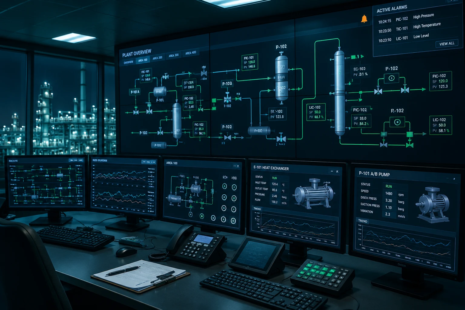 Panel de control DCS/SCADA en la sala de control de una planta de proceso continuo