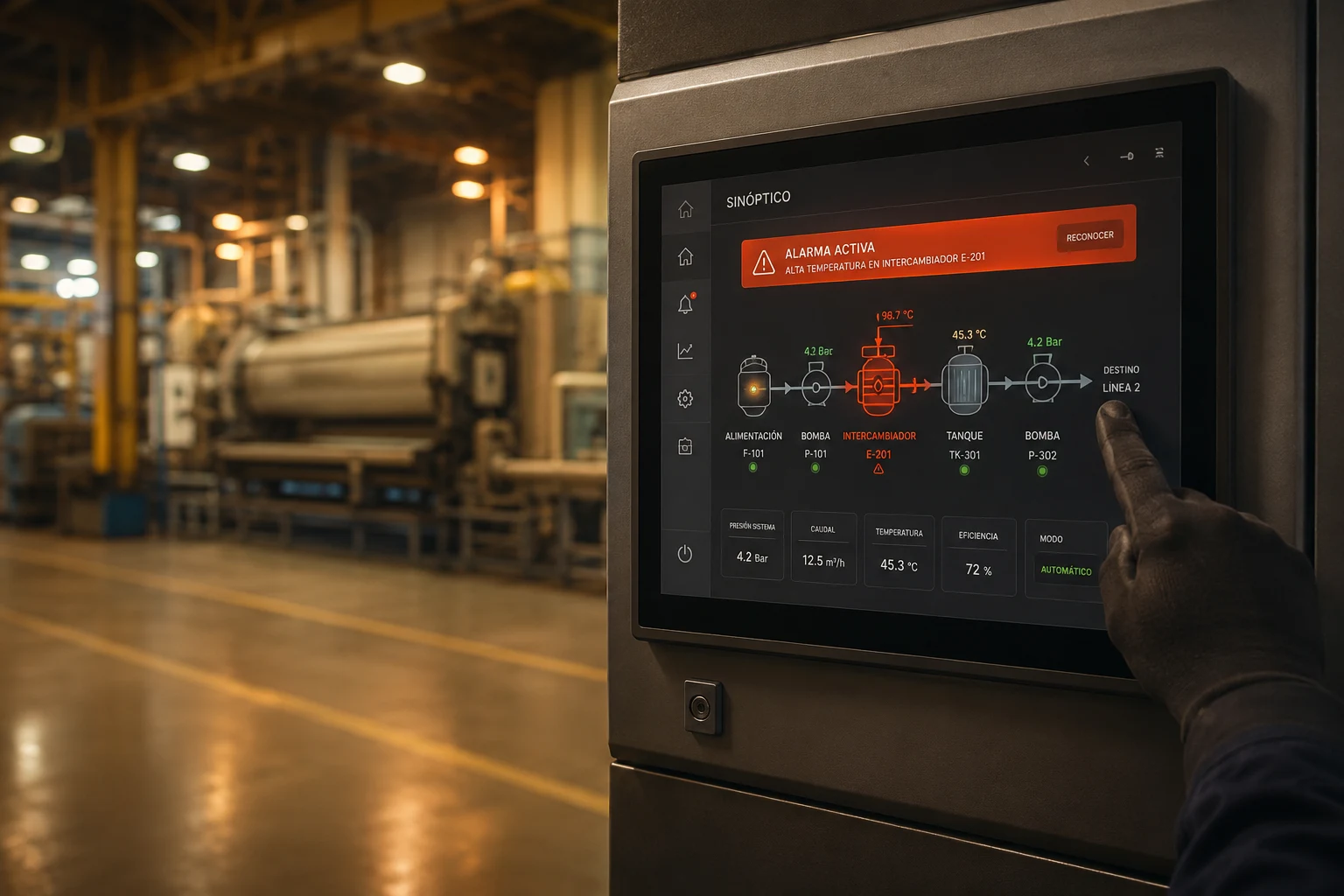 Panel HMI industrial táctil mostrando un sinóptico de proceso con alarmas