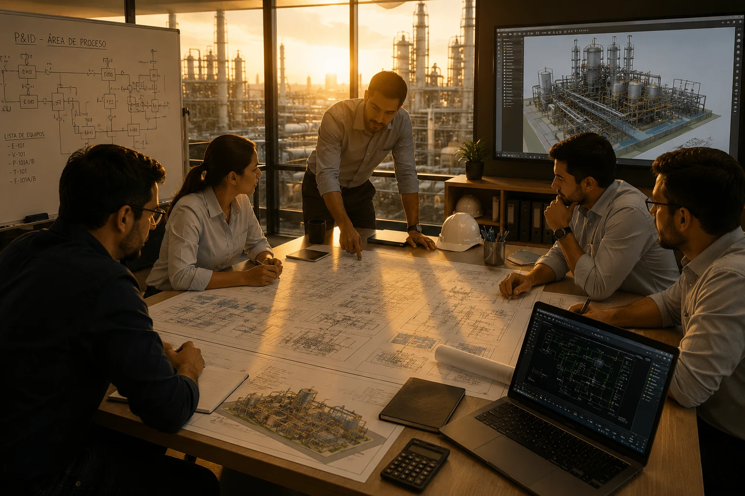 Sala de ingeniería con planos y propuesta de un proyecto de automatización industrial sobre la mesa