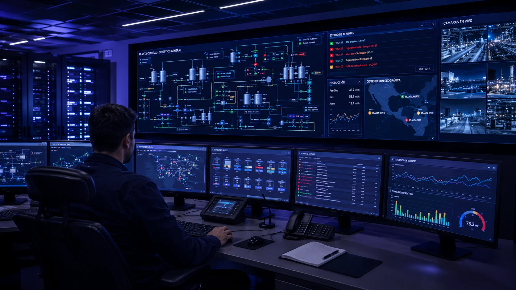Sala de control con pantallas SCADA mostrando el sinóptico de una planta completa