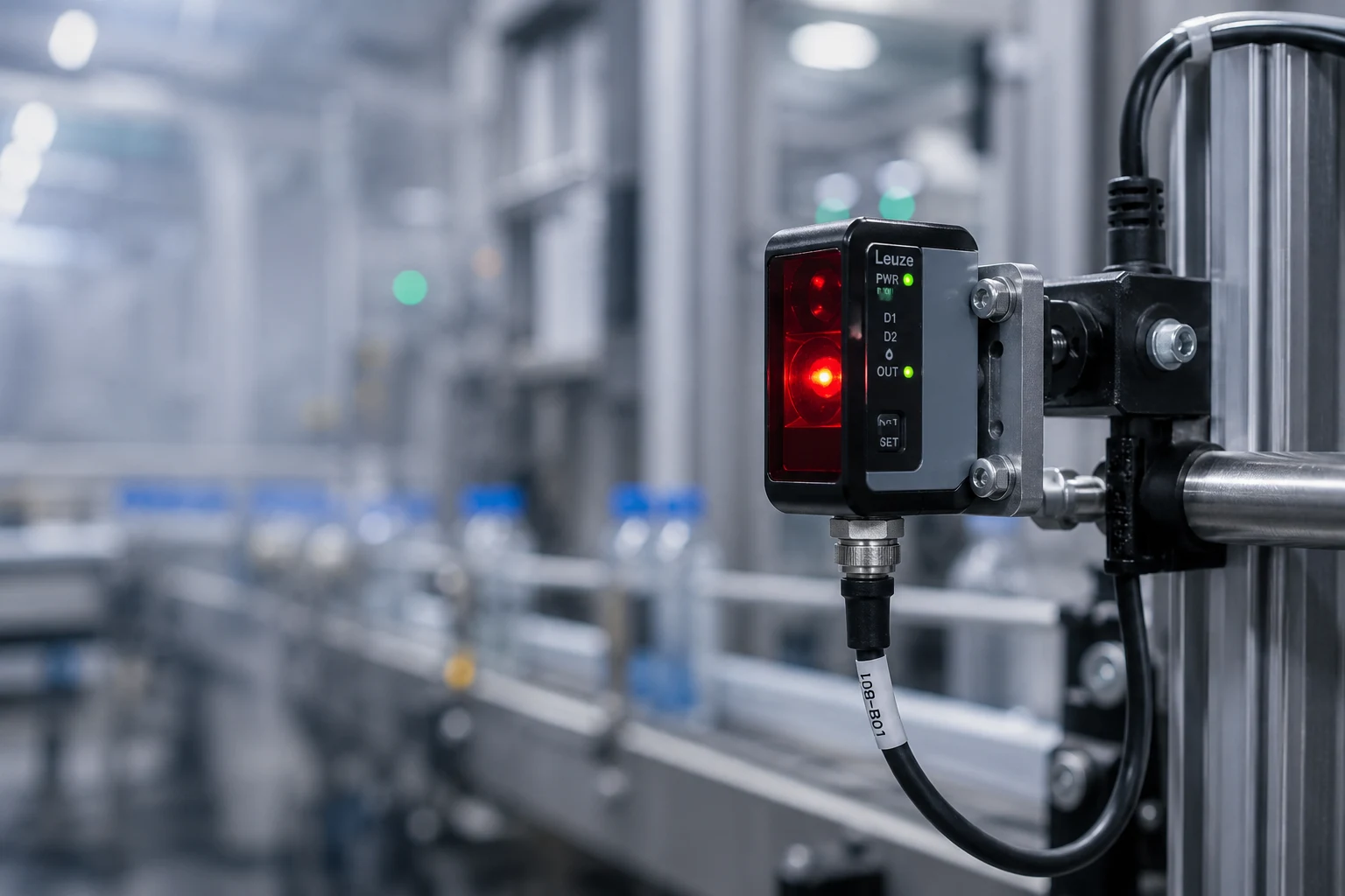 Sensor fotoeléctrico industrial montado en una línea de producción, con LED de detección visible