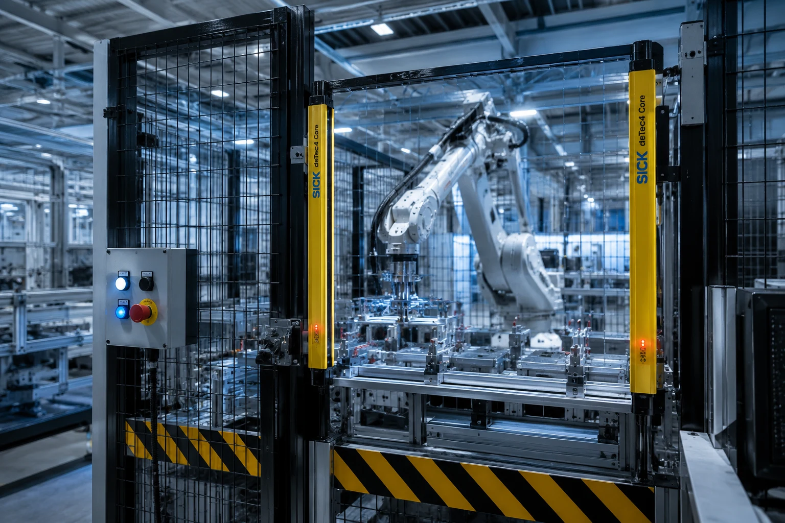 Barrera fotoeléctrica de seguridad instalada en el perímetro de una celda robotizada