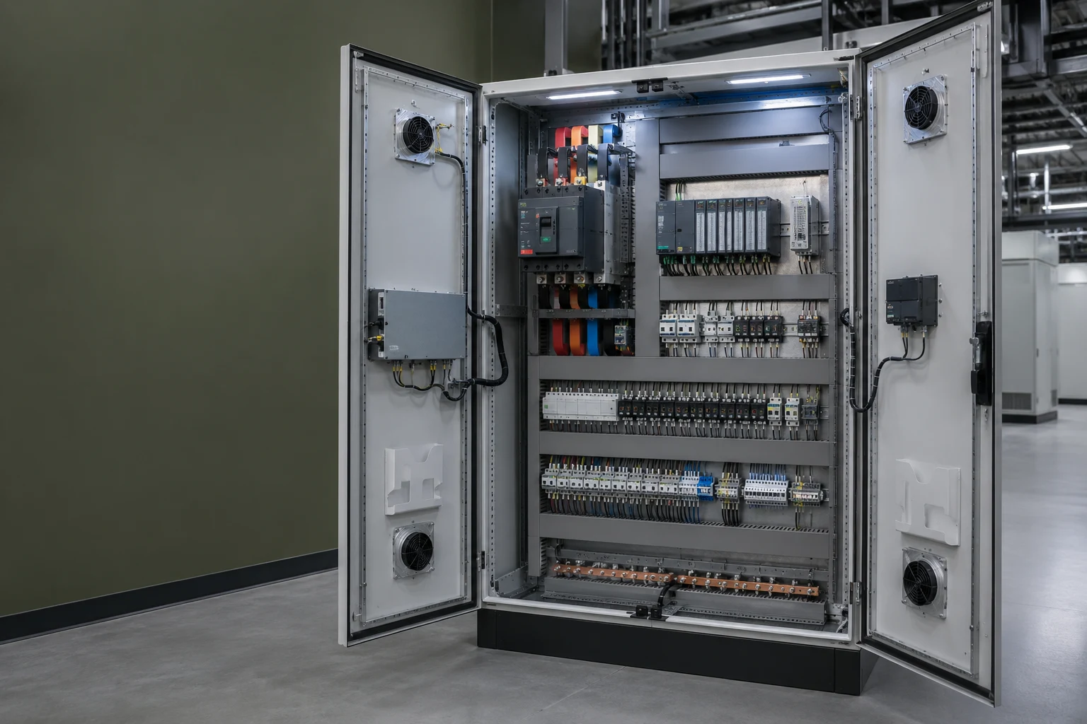 Tablero de control industrial abierto mostrando embarrado, PLC y protecciones
