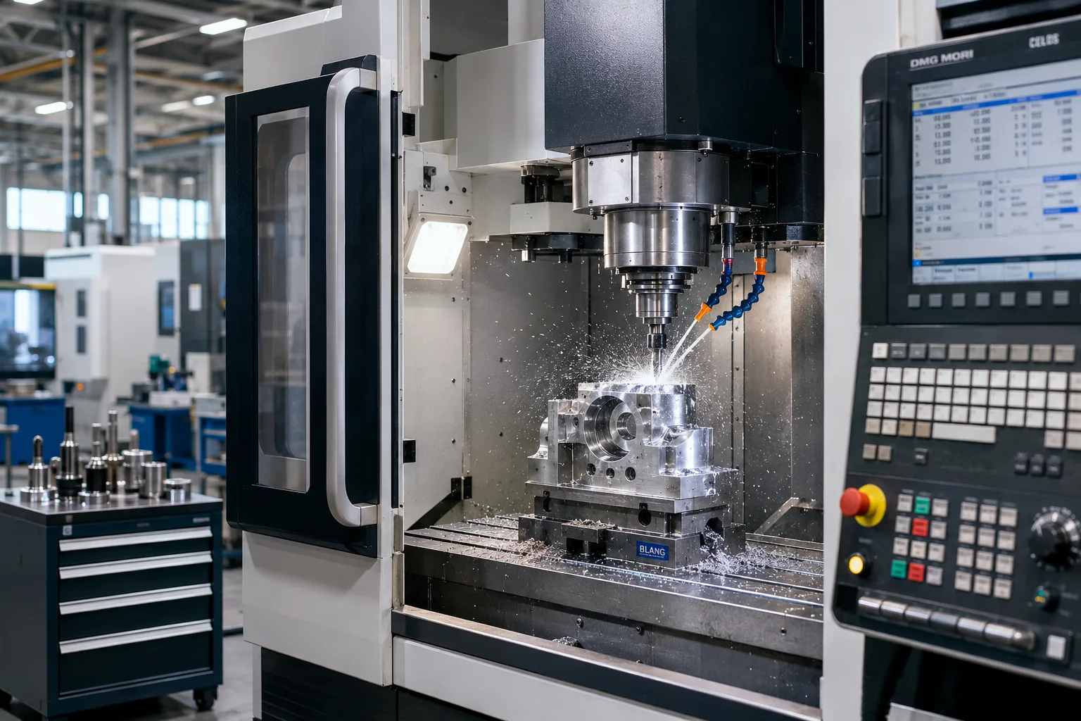 Centro de mecanizado CNC DMG MORI cortando una pieza de precisión con refrigerante en una nave de máquina-herramienta — Curso de Ventas VAO