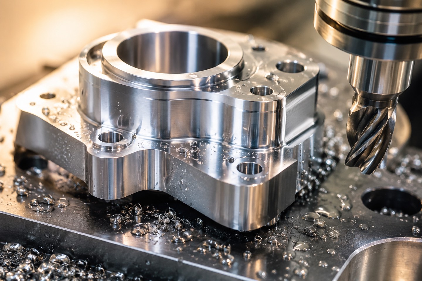 Macro de una pieza mecanizada de precisión con acabado espejo y fresa de corte en un centro de maquinado CNC
