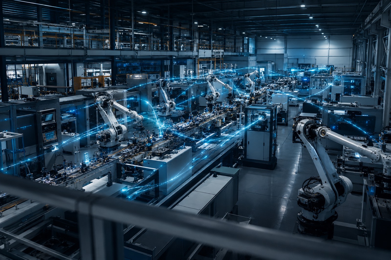 Planta de ensamblaje conectada con robots y autómatas operando en tiempo real