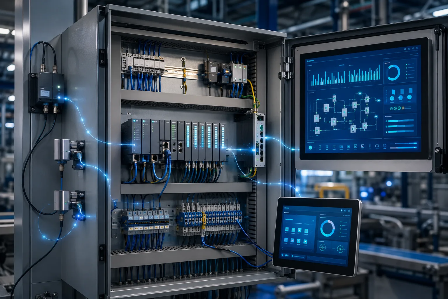 Planta industrial con autómatas conectados y datos de producción en tiempo real