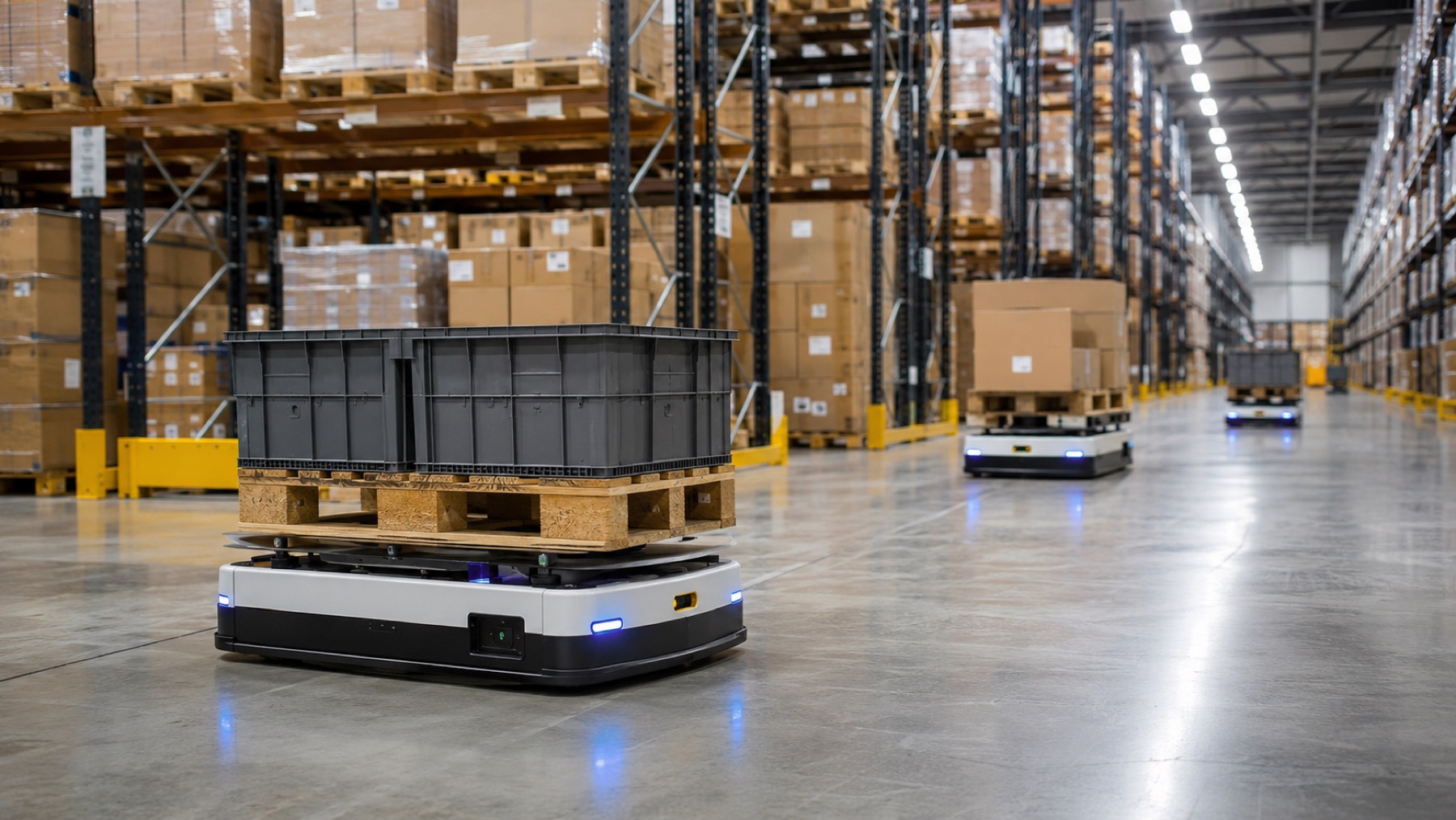 Robots móviles autónomos (AMR) operando en una planta de intralogística