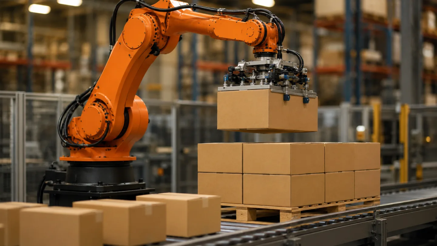 Robot de paletizado en planta industrial