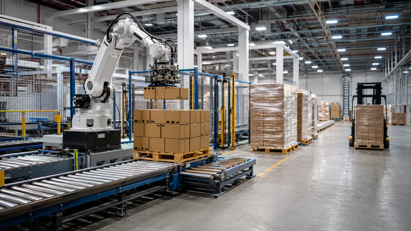 Robot de paletizado en planta industrial