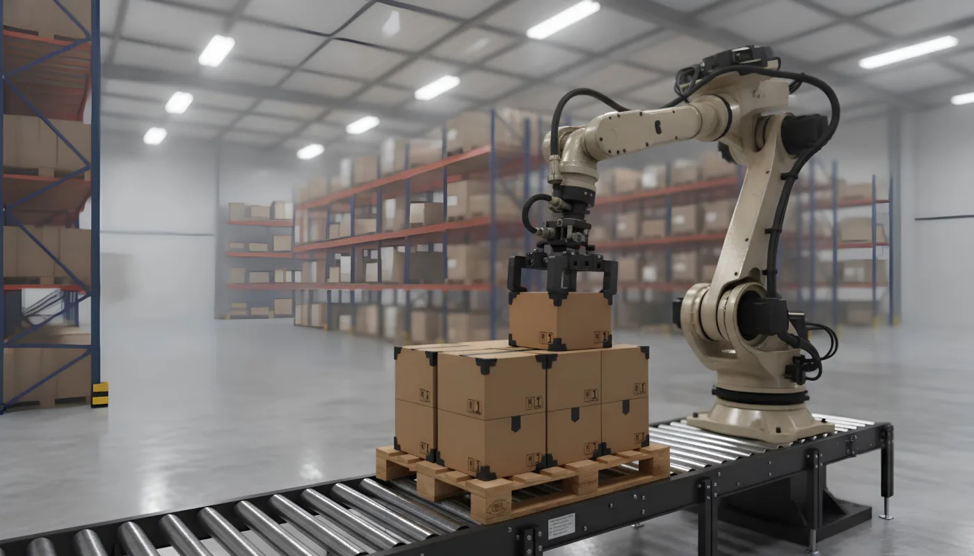 Robot de paletizado apilando cajas en fin de línea
