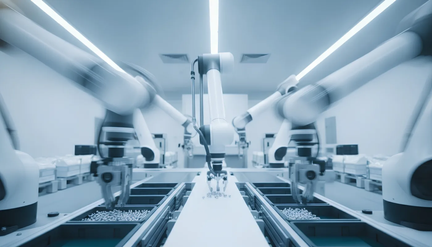 Robot delta de pick & place colocando producto en una línea de alimentación
